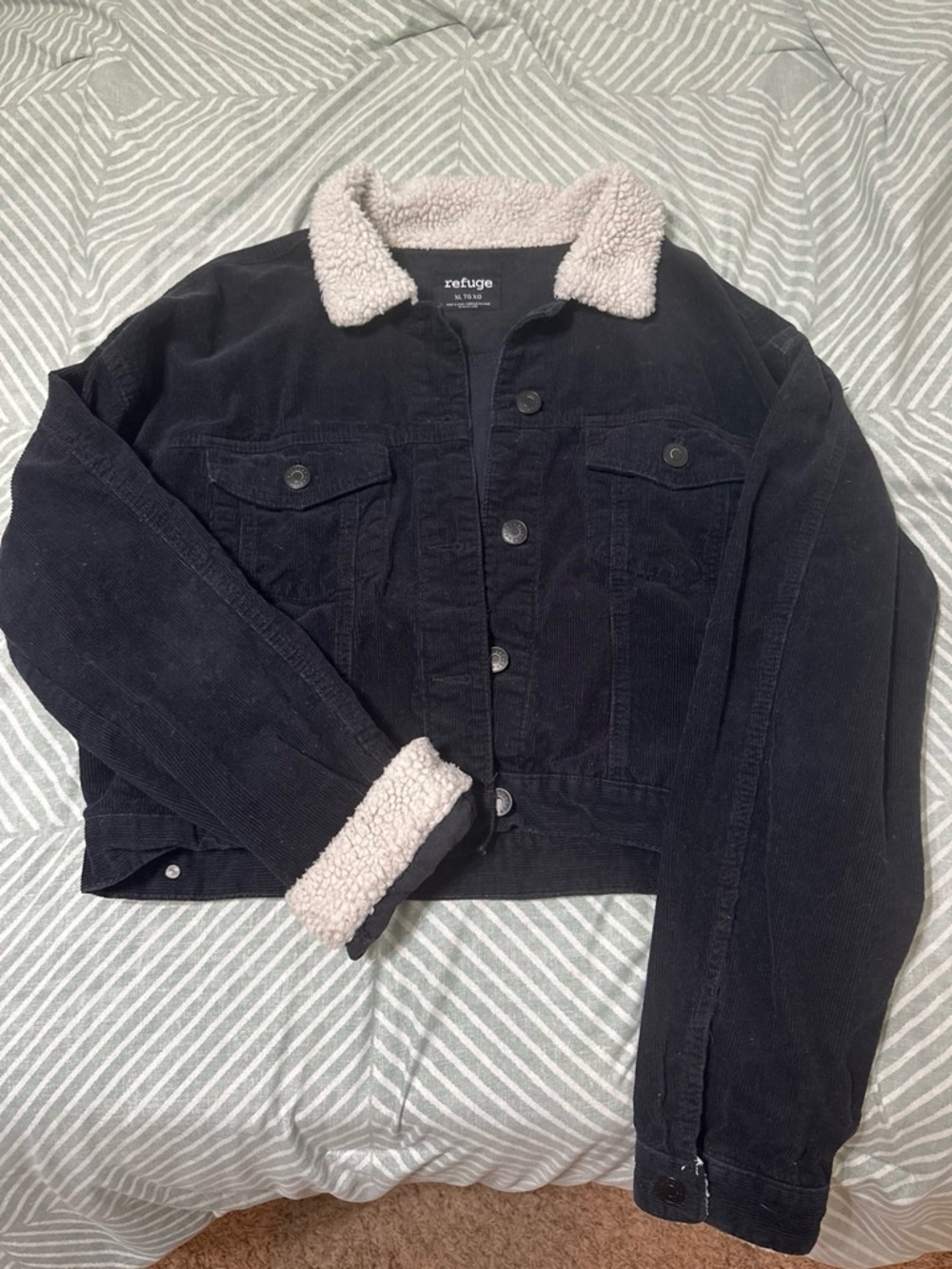 refuge Black Corduroy Jacket with Cream Sherpa Collar